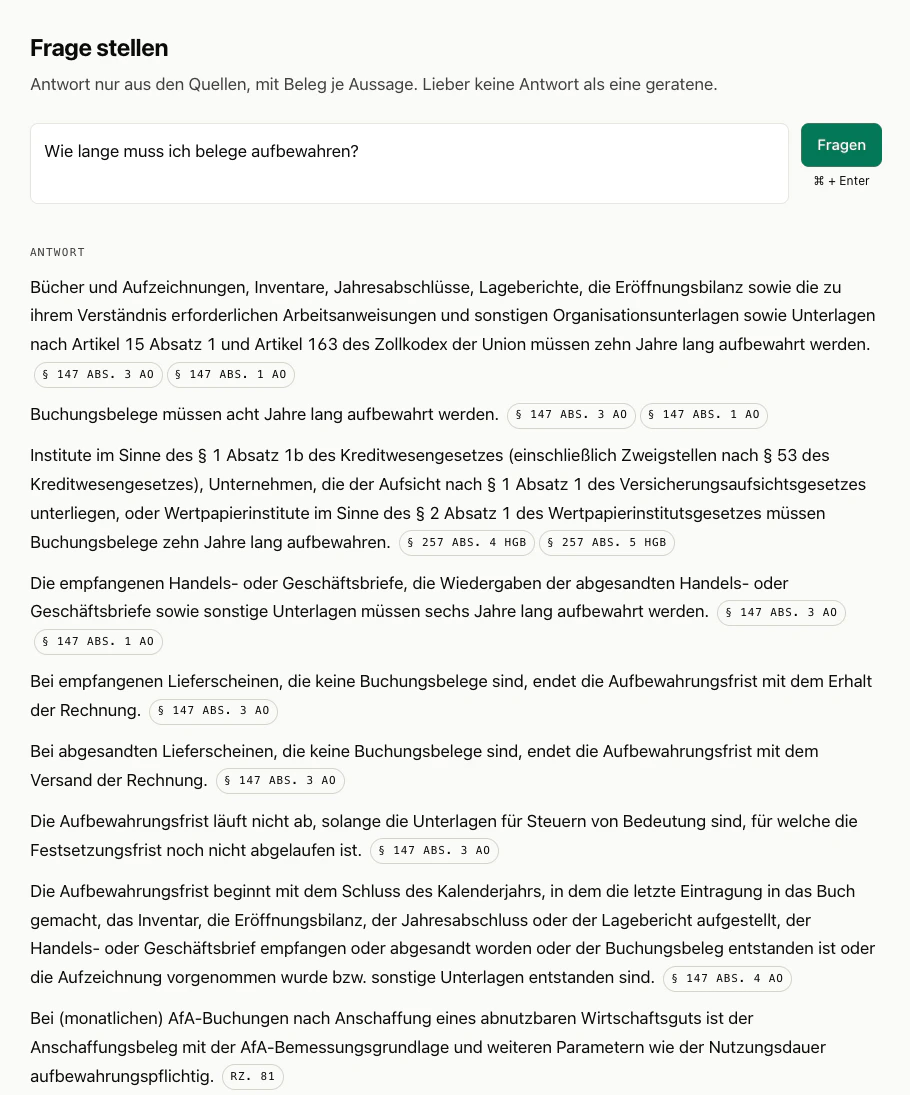 Kompass beantwortet eine Frage zur Aufbewahrungsfrist, jede Aussage mit Fundstelle
