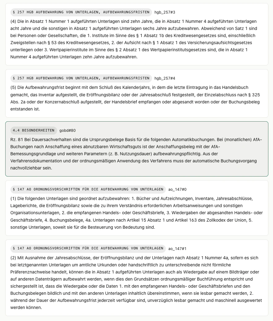 Die zitierten Originaltexte aus § 257 HGB, den GoBD und § 147 AO, eine Passage hervorgehoben